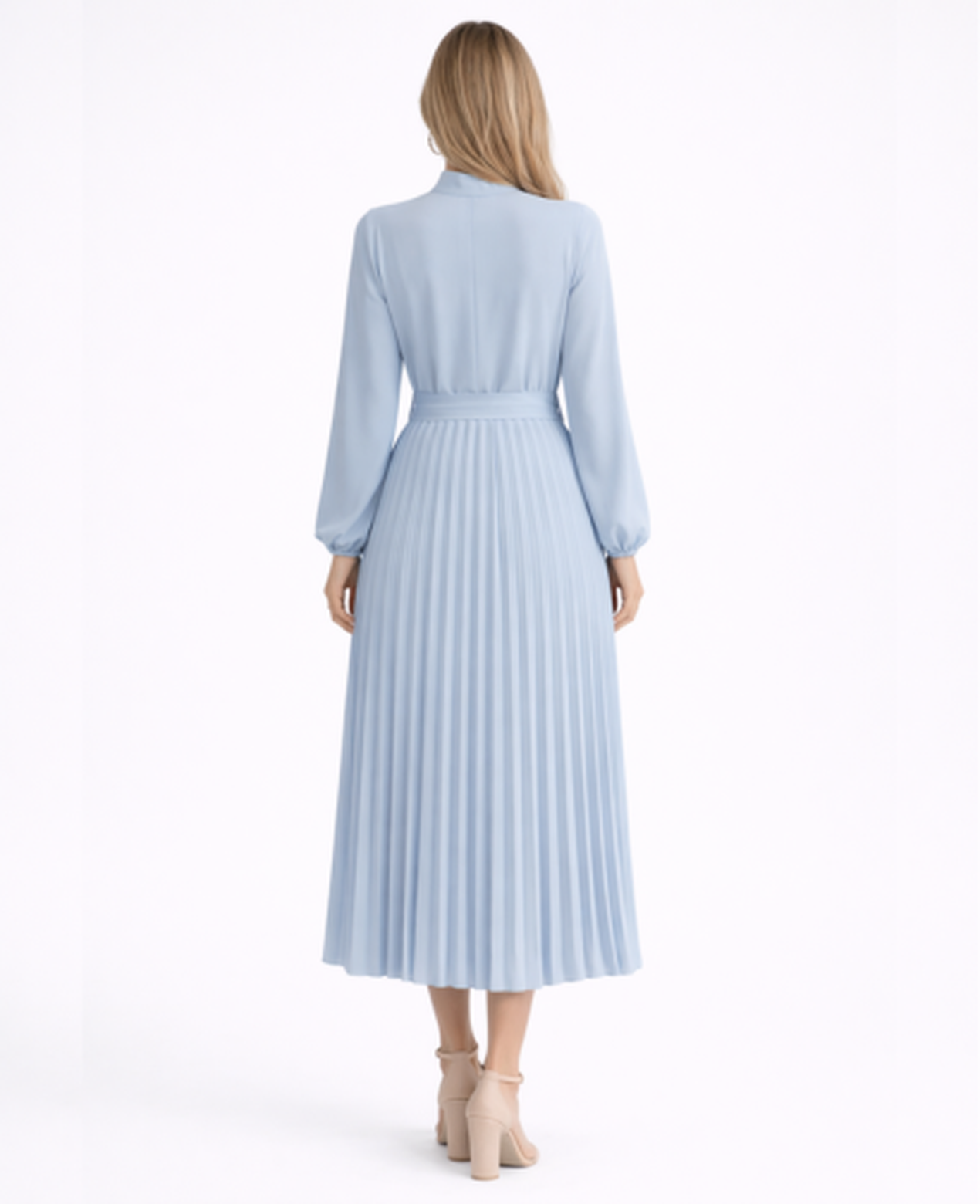 Pleated Midi Dress Women – Stand Collar & Belted Waist, Elegant Office Formal