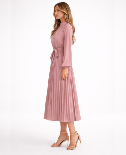 Pleated Midi Dress Women – Stand Collar & Belted Waist, Elegant Office Formal