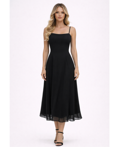 Flared Midi Dress Women – Square Neckline & Thin Straps, Garden Party Summer Chic