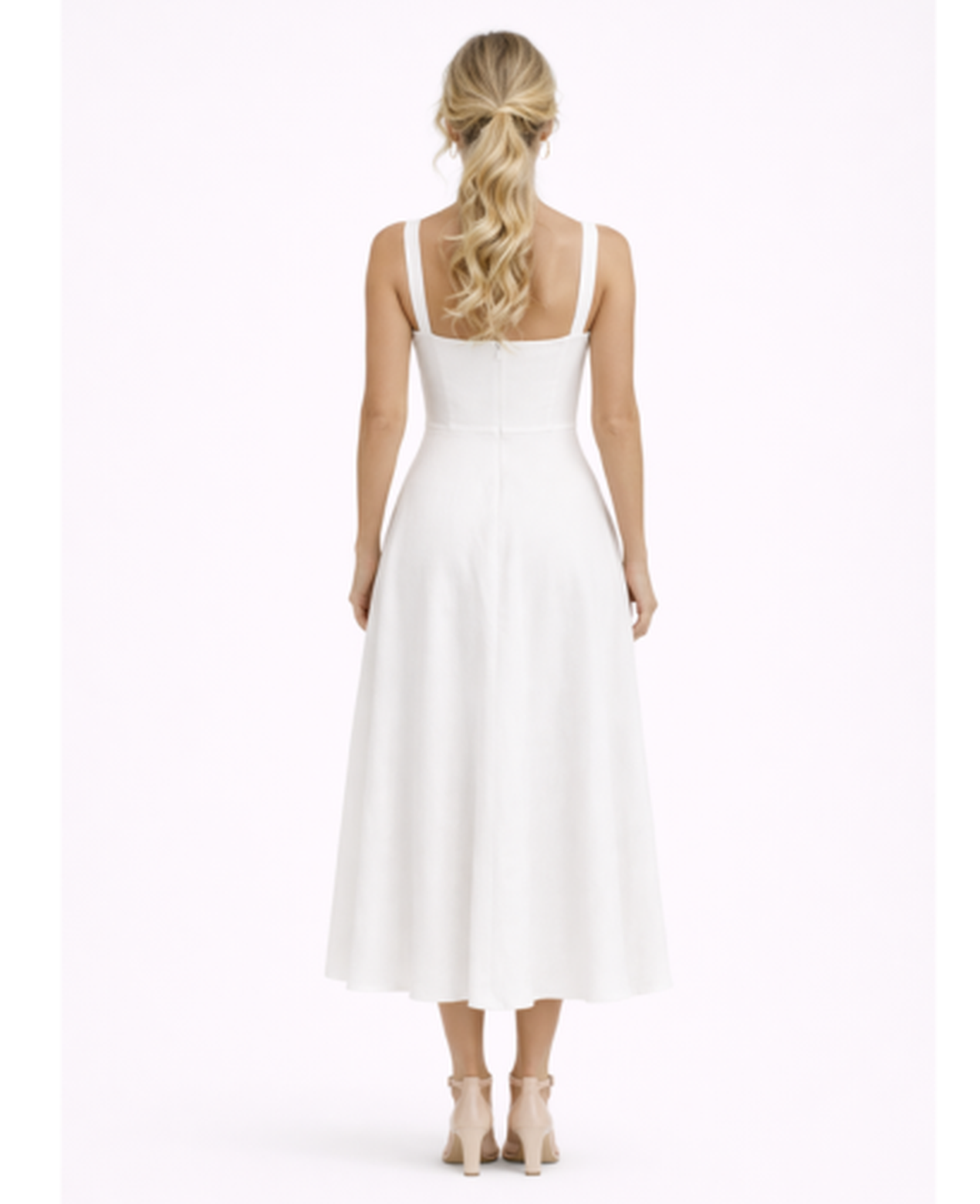 Flared Midi Dress Women – Square Neckline & Thin Straps, Garden Party Summer Chic