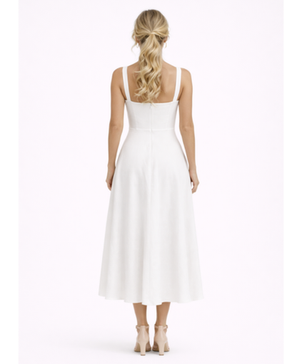 Flared Midi Dress Women – Square Neckline & Thin Straps, Garden Party Summer Chic