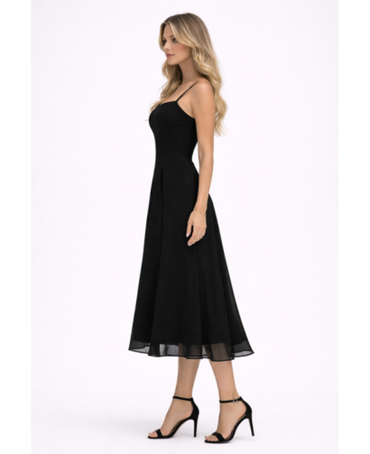 Flared Midi Dress Women – Square Neckline & Thin Straps, Garden Party Summer Chic