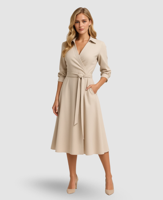Belted A-Line Midi Dress Women – Shirt Collar & Side Pockets, Office to Patio Canada