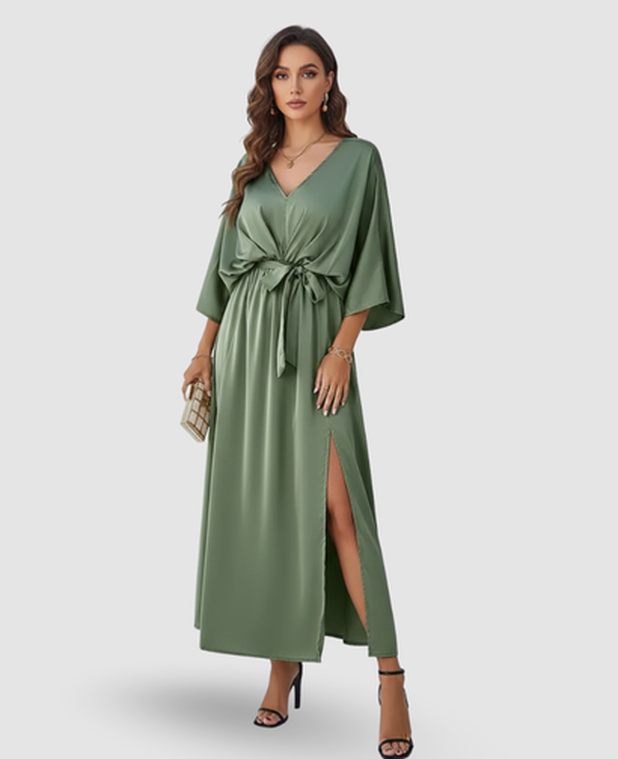 Flowy Maxi Dress Women – Batwing Sleeves & Tied Waist Side Slit, Boho Resort Summer Canada