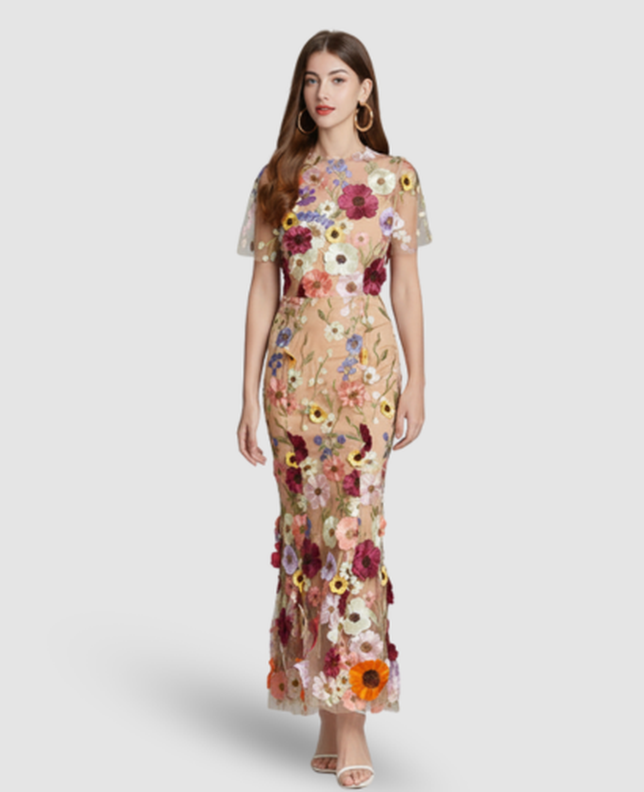 Floral Embroidered Evening Gown Women – Mermaid Silhouette & Sheer Sleeves, Formal Gala Elegant