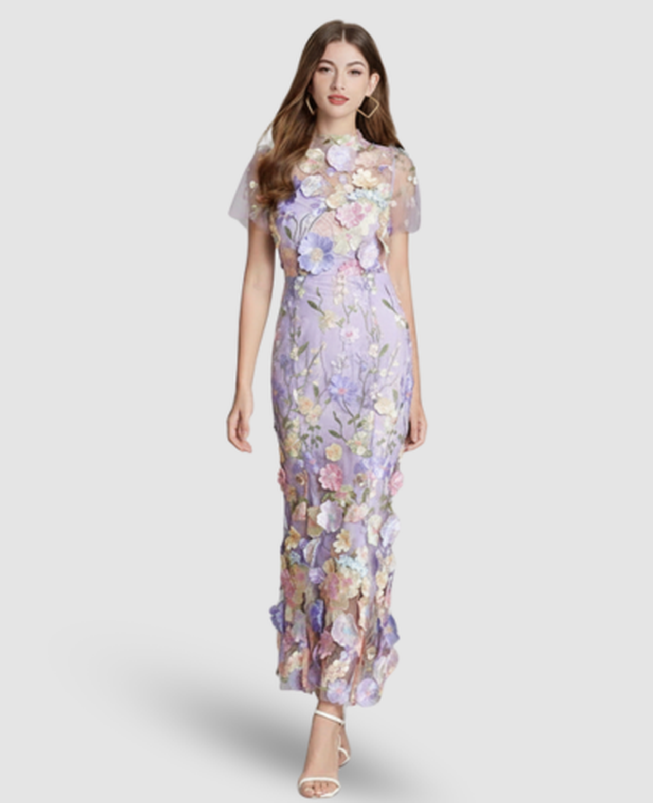 Floral Embroidered Evening Gown Women – Mermaid Silhouette & Sheer Sleeves, Formal Gala Elegant