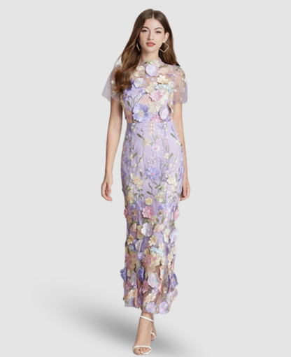 Floral Embroidered Evening Gown Women – Mermaid Silhouette & Sheer Sleeves, Formal Gala Elegant