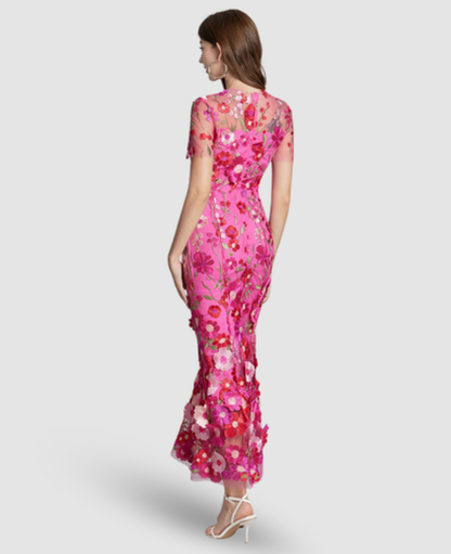 Floral Embroidered Evening Gown Women – Mermaid Silhouette & Sheer Sleeves, Formal Gala Elegant