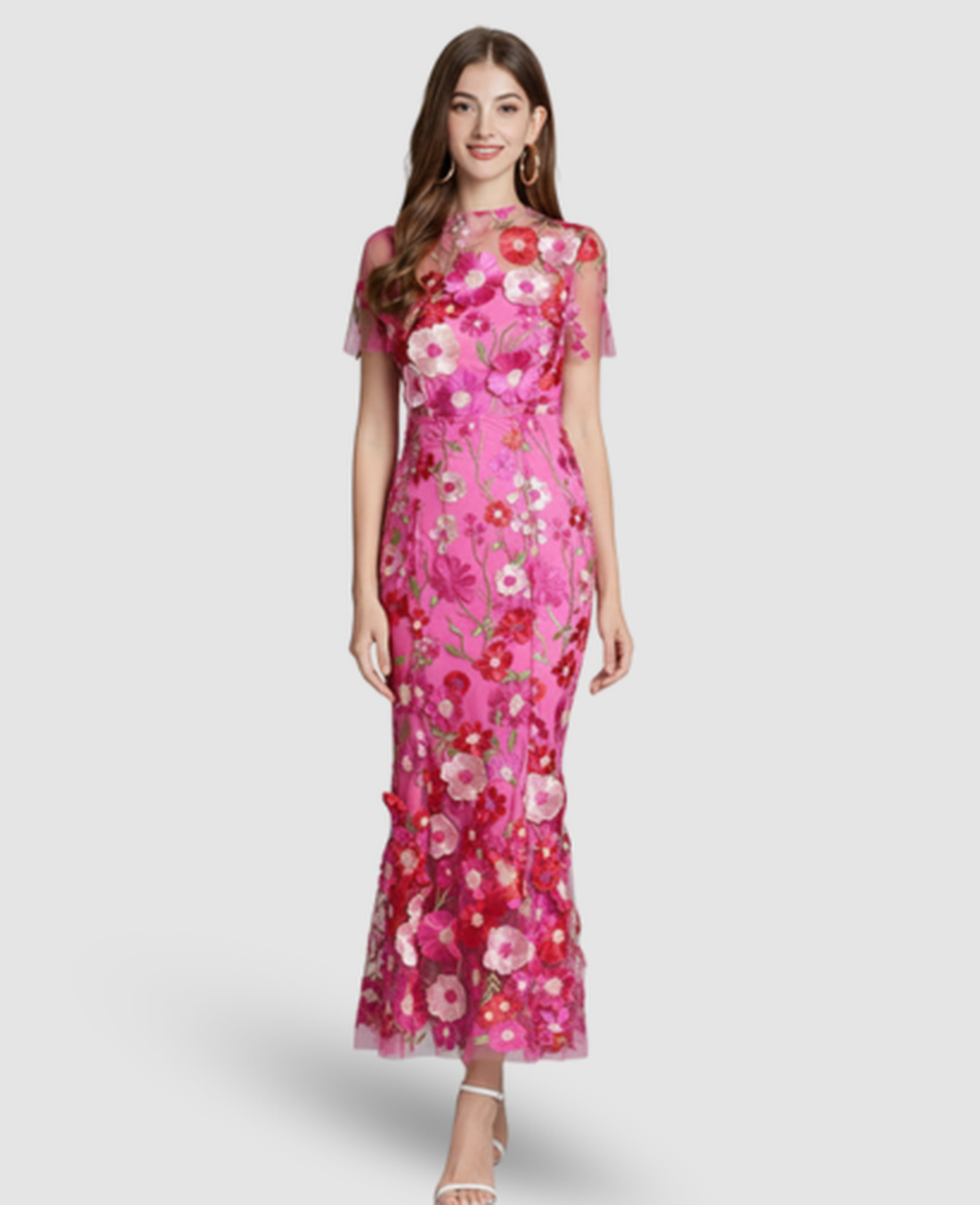 Floral Embroidered Evening Gown Women – Mermaid Silhouette & Sheer Sleeves, Formal Gala Elegant