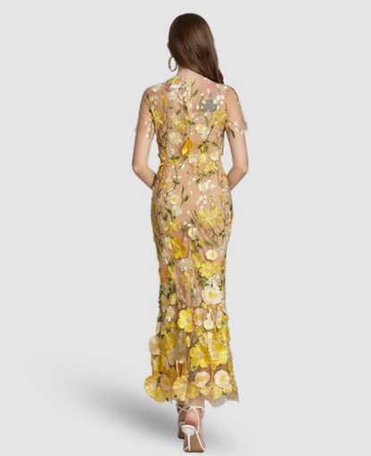 Floral Embroidered Evening Gown Women – Mermaid Silhouette & Sheer Sleeves, Formal Gala Elegant