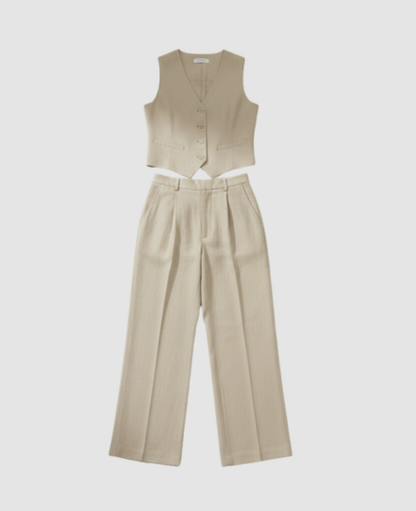 Two-Piece Suit Women – Sleeveless Vest & High-Waist Wide-Leg Trousers, Smart Office Chic
