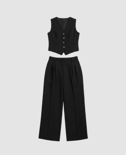 Two-Piece Suit Women – Sleeveless Vest & High-Waist Wide-Leg Trousers, Smart Office Chic