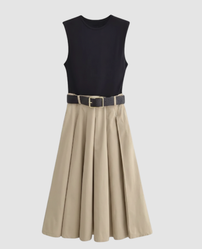 Two-Tone Midi Dress Women – Pleated Flared Skirt & Gold Belt, Summer Wedding Guest Canada