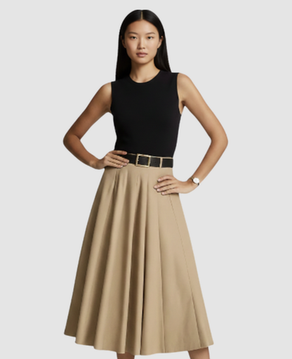 Two-Tone Midi Dress Women – Pleated Flared Skirt & Gold Belt, Summer Wedding Guest Canada