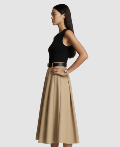 Two-Tone Midi Dress Women – Pleated Flared Skirt & Gold Belt, Summer Wedding Guest Canada