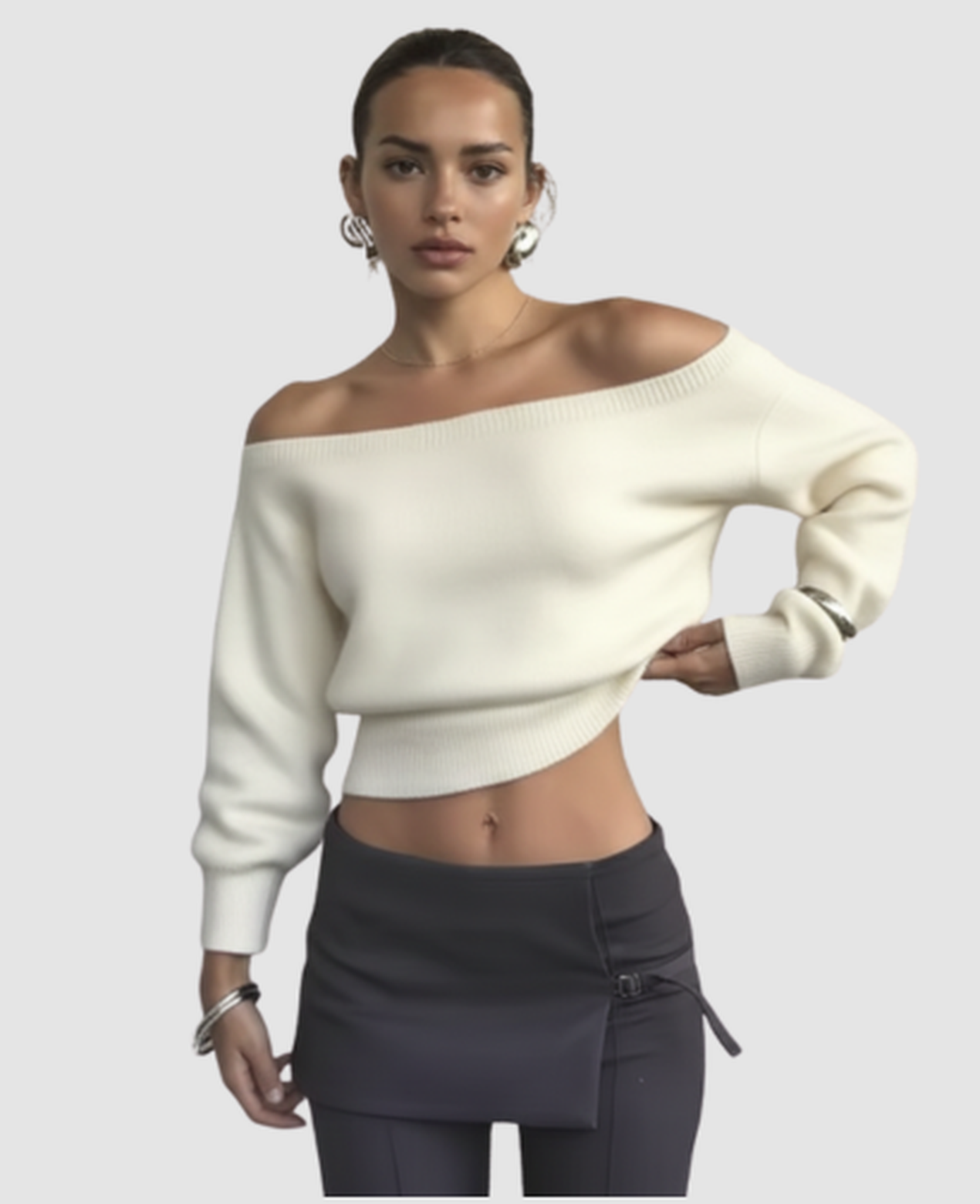 Asymmetric Bare-Shoulder Sweater Women – Cropped Fitted Knit & Off-Shoulder Neckline, Chic Casual Elevated