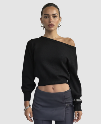 Asymmetric Bare-Shoulder Sweater Women – Cropped Fitted Knit & Off-Shoulder Neckline, Chic Casual Elevated