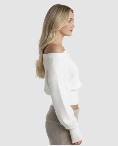 Asymmetric Bare-Shoulder Sweater Women – Cropped Fitted Knit & Off-Shoulder Neckline, Chic Casual Elevated