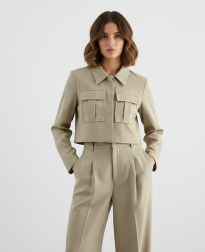 Cargo Two-Piece Set Women – Cropped Jacket & Pleated Wide-Leg Trousers, City Chic Utility