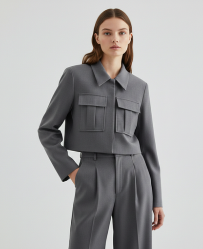 Cargo Two-Piece Set Women – Cropped Jacket & Pleated Wide-Leg Trousers, City Chic Utility