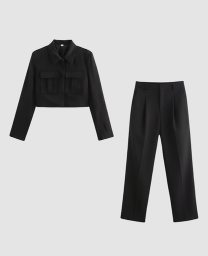 Cargo Two-Piece Set Women – Cropped Jacket & Pleated Wide-Leg Trousers, City Chic Utility