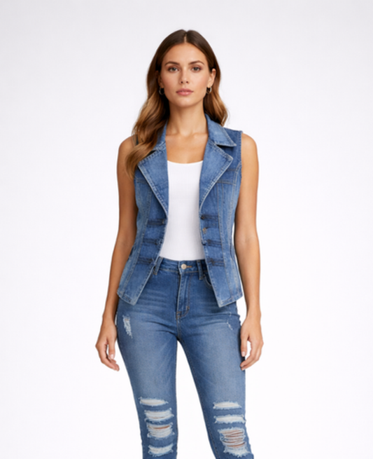 Denim Vest Women – Tailored Lapel & Button Front, Smart Casual Spring Layering