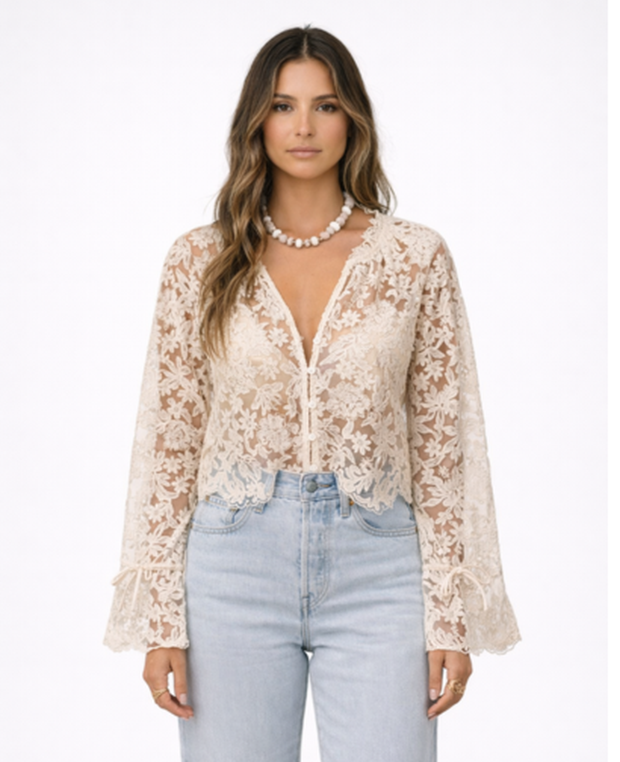 Floral Lace Cropped Blouse Women – V-Neck & Flared Tie Sleeves, Elegant Summer Occasion