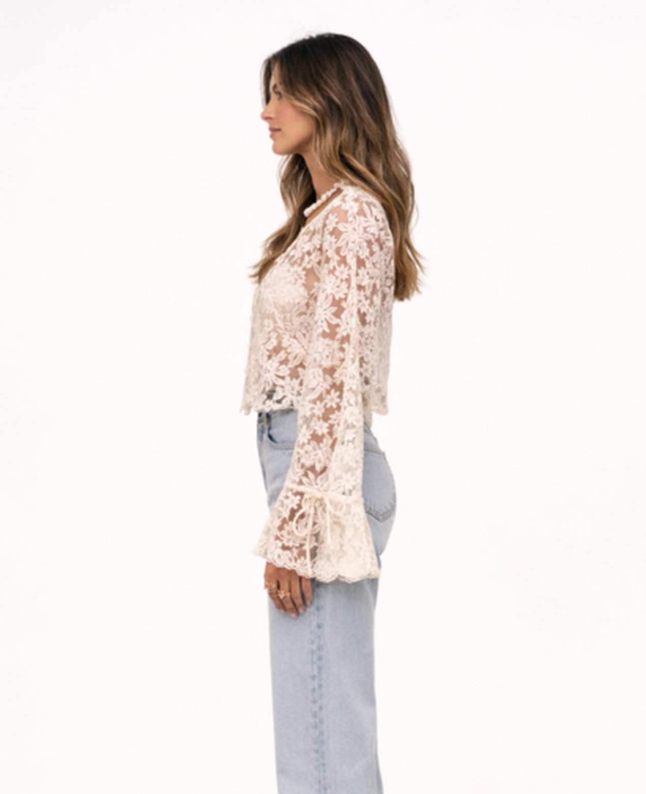 Floral Lace Cropped Blouse Women – V-Neck & Flared Tie Sleeves, Elegant Summer Occasion