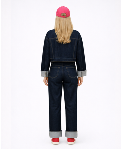 Denim Two-Piece Set Women – Cropped Jacket & High-Waist Wide-Leg Pants, Casual Chic Everyday