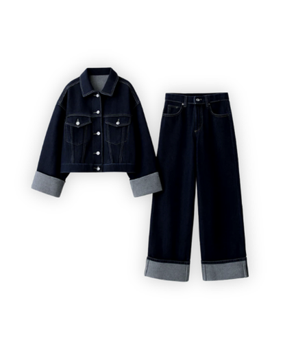 Denim Two-Piece Set Women – Cropped Jacket & High-Waist Wide-Leg Pants, Casual Chic Everyday