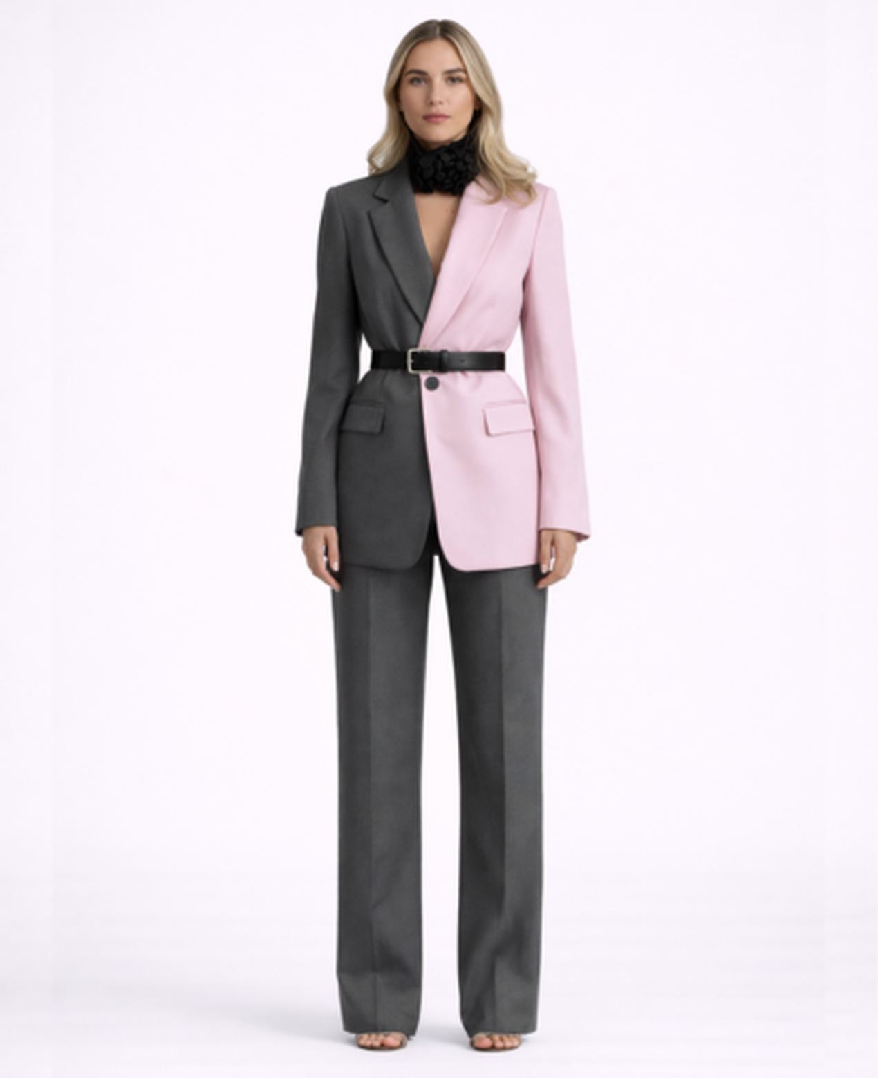 Tailored Two-Piece Blazer Set Women – Belted Two-Tone Jacket & Straight-Leg Trousers, Smart Office Chic