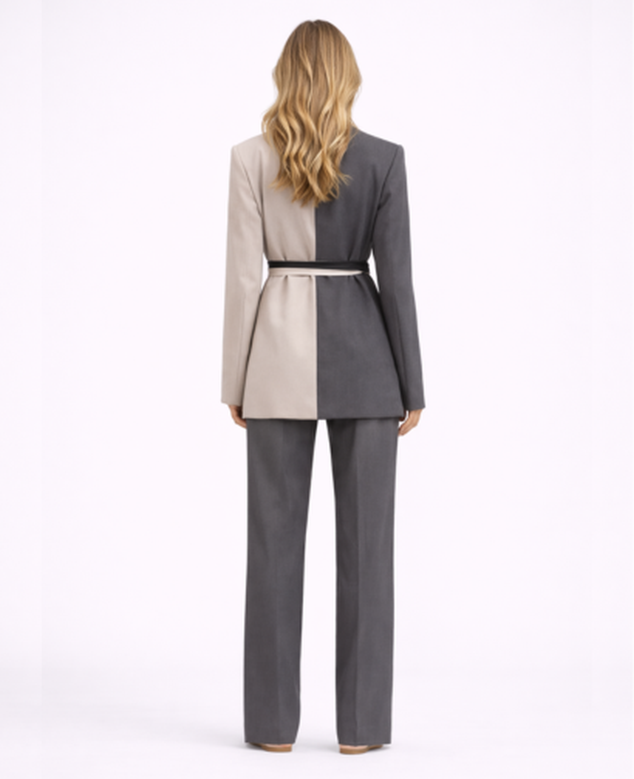 Tailored Two-Piece Blazer Set Women – Belted Two-Tone Jacket & Straight-Leg Trousers, Smart Office Chic