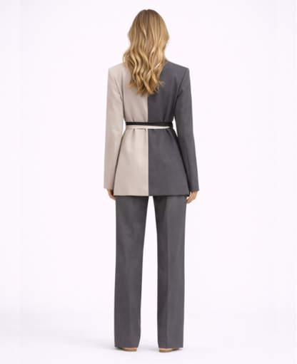 Tailored Two-Piece Blazer Set Women – Belted Two-Tone Jacket & Straight-Leg Trousers, Smart Office Chic