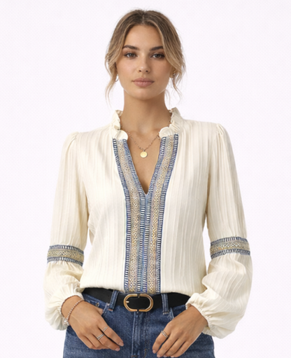 Embroidered Boho Blouse Women – Ruffle Collar & Puff Sleeves, Summer Festival Elegant