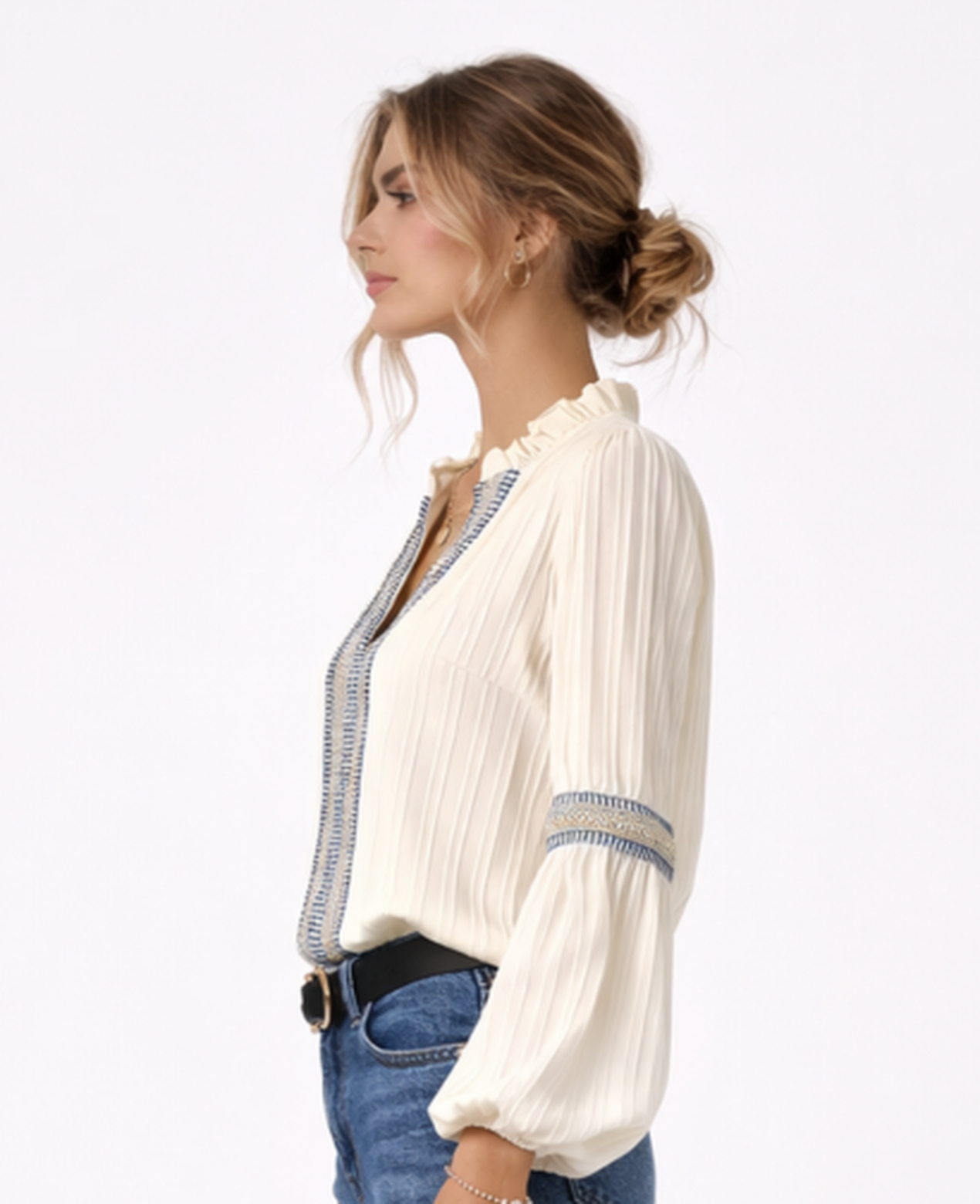 Embroidered Boho Blouse Women – Ruffle Collar & Puff Sleeves, Summer Festival Elegant