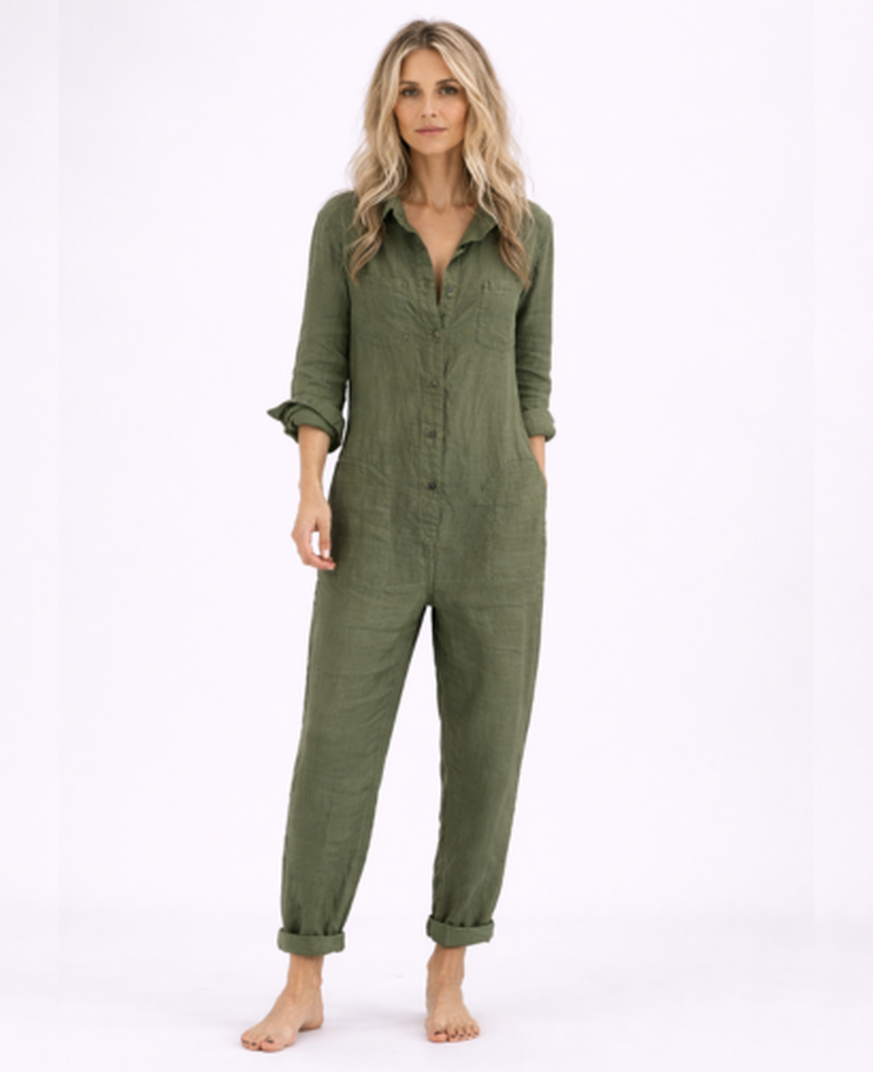 Linen Jumpsuit Women – Lightweight Button-Up & Shirt Collar, Casual Chic Summer