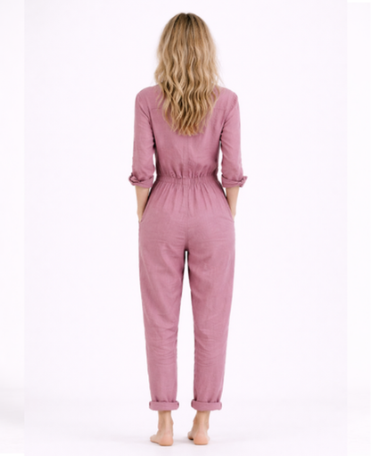 Linen Jumpsuit Women – Lightweight Button-Up & Shirt Collar, Casual Chic Summer